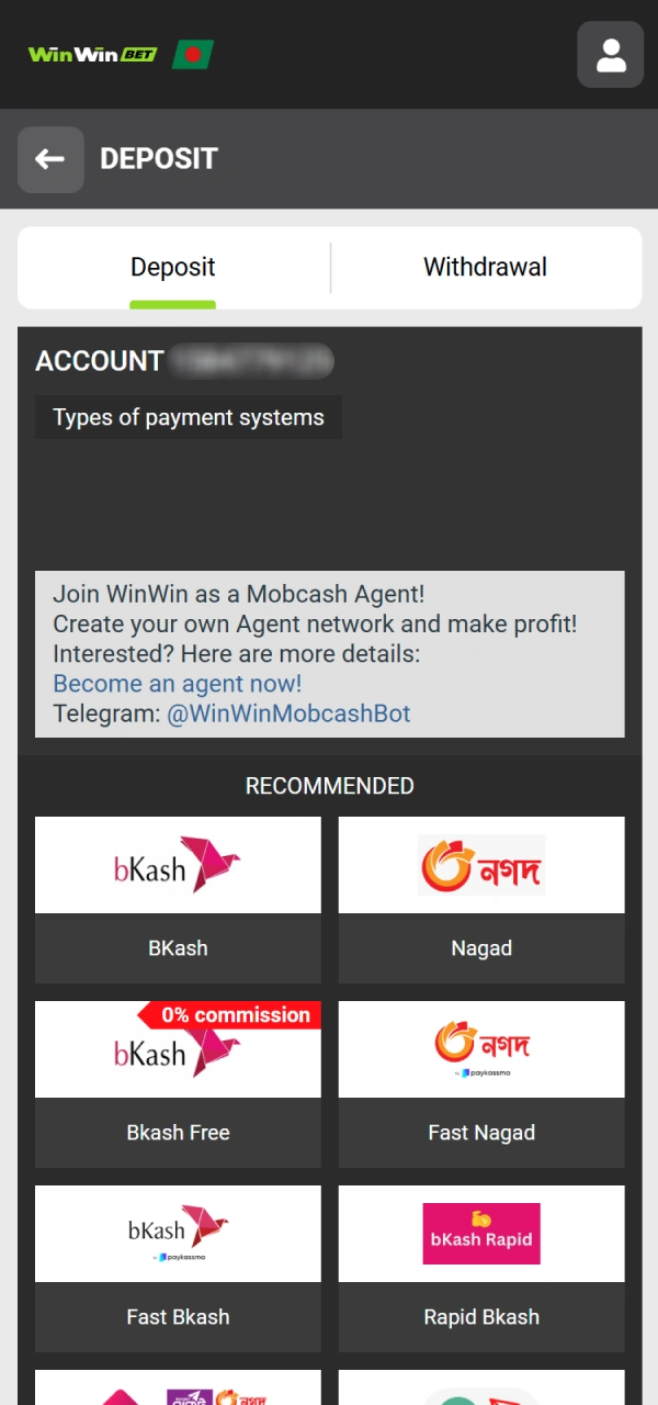 Choose your preferred payment category on the left panel at WinWin.
