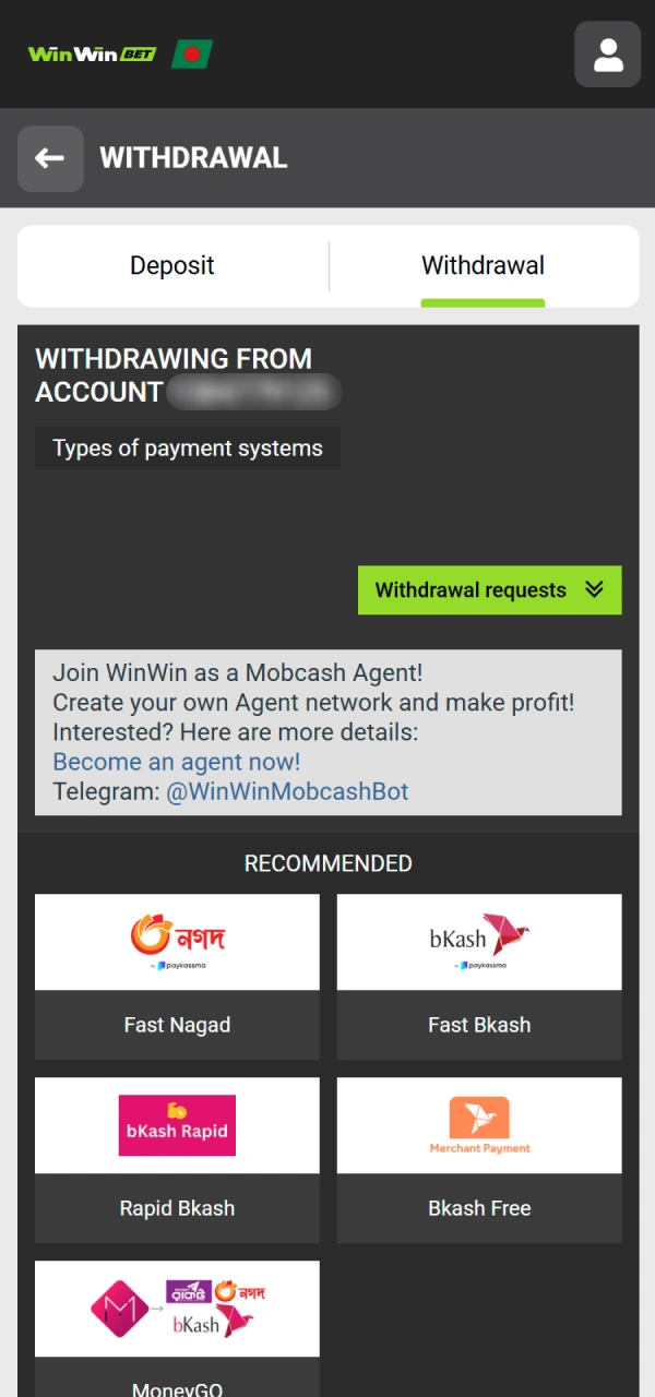Proceed by choosing withdrawal method at WinWin website.